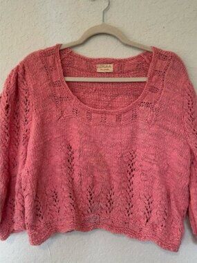 Boho Cottagecore Hand-Knit Pink Openwork Scoop Neck Women's Sweater